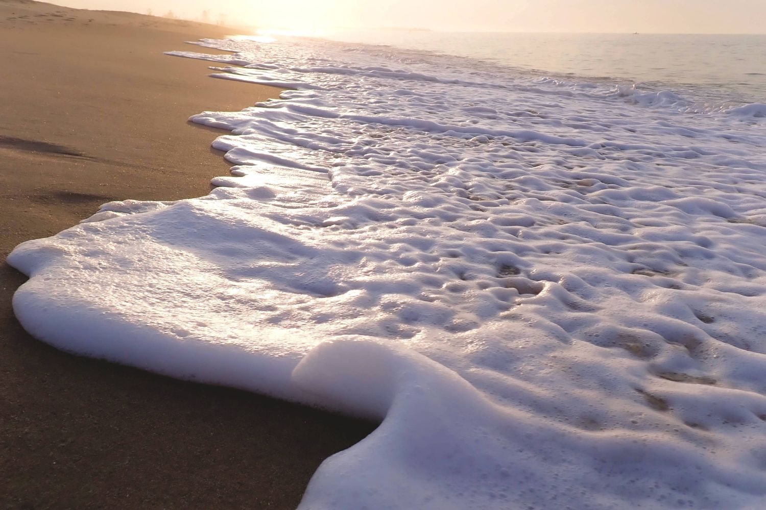 5 x 7 Foamy Wave at Sunrise print, framed in natural wood color