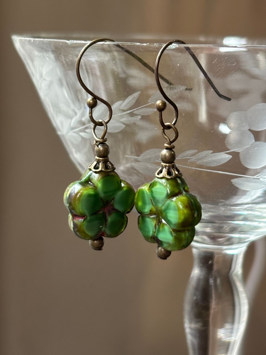 Carved Flower Earrings-Green