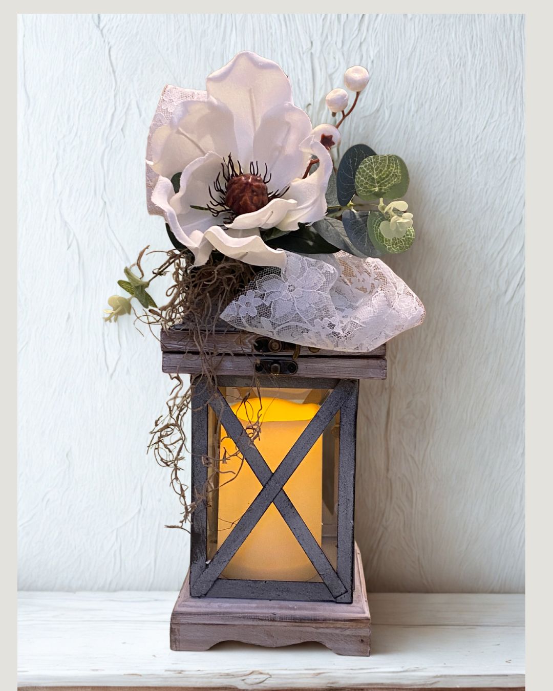 Sympathy/Remembrance Small Magnolia Lantern with Flameless Candle 5&quot;x5&quot;x14&quot;