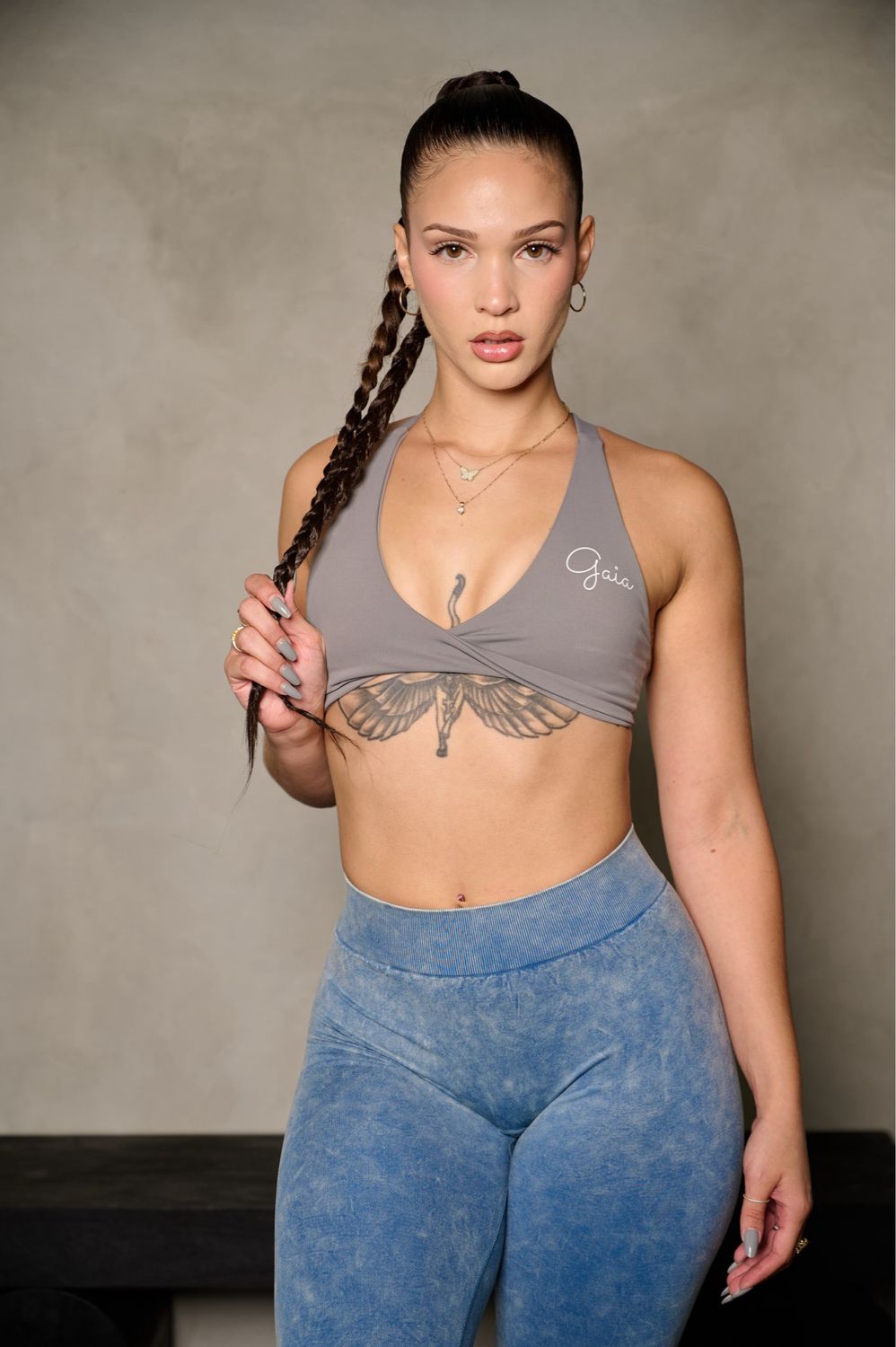 GREY FRONT TWIST/ CROSS BACK SPORTS BRA