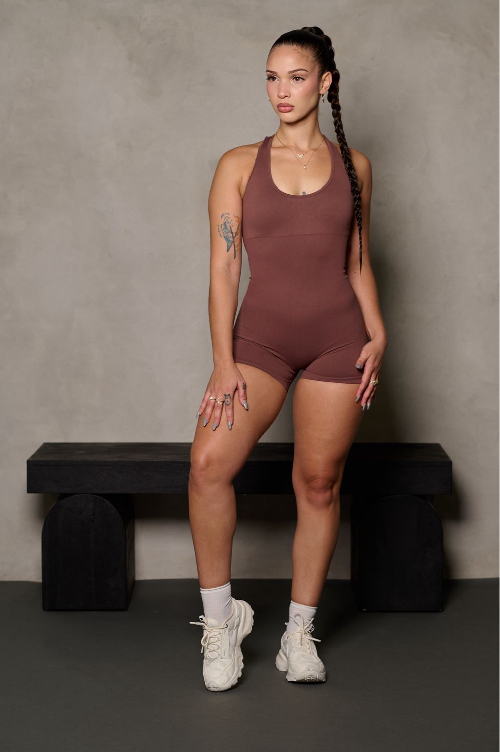 BROWN SLEEVELESS FORM FITTING ROMPER