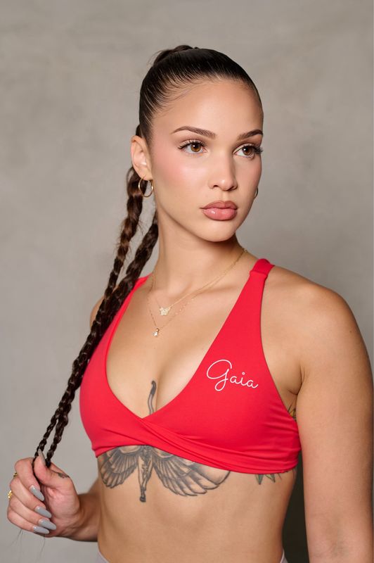 RED FRONT TWIST/ CROSS BACK SPORTS BRA
