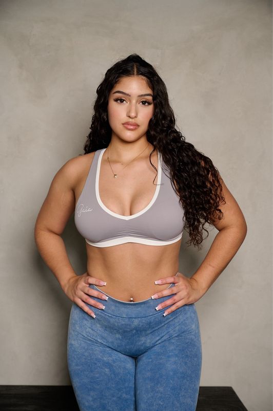 GREY AND WHITE SPORTS BRA