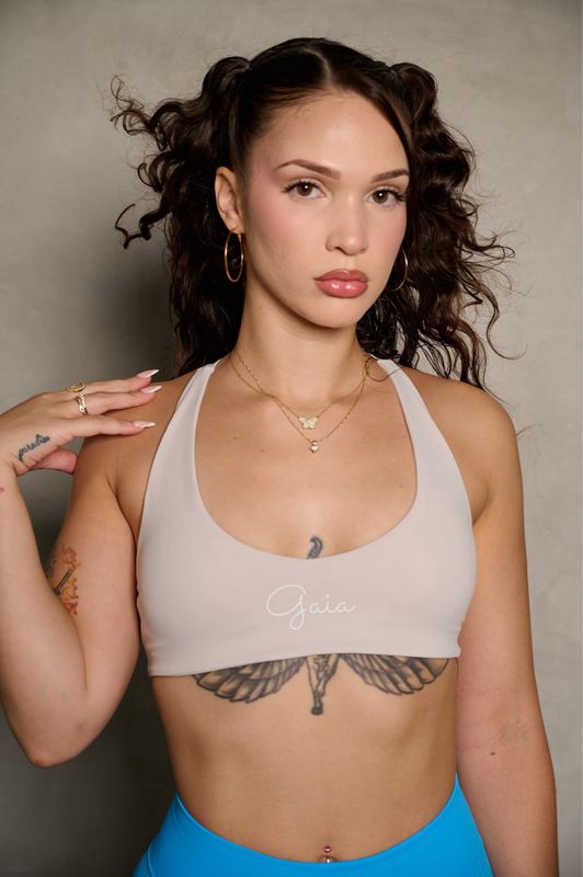 PEARL GREY HALTER OPEN BACK SPORTS BRA