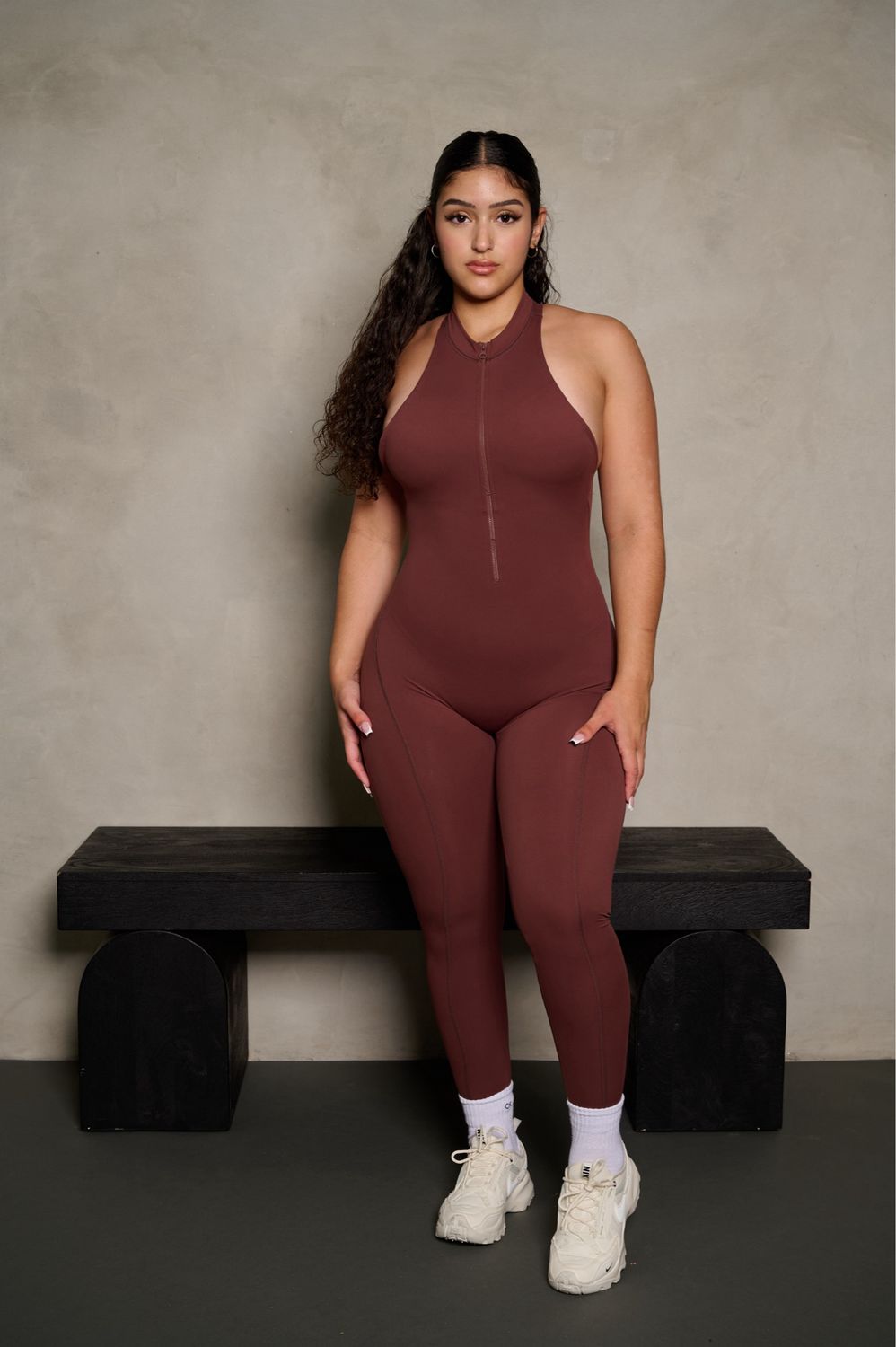 BROWN SLEEVELESS OPEN BACK SCRUNCH BUTT JUMPSUIT