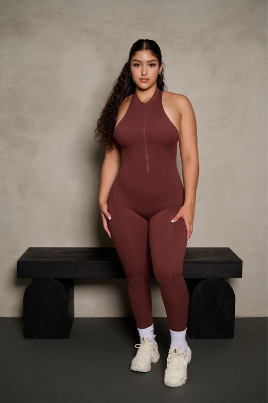 BROWN SLEEVELESS OPEN BACK SCRUNCH BUTT JUMPSUIT