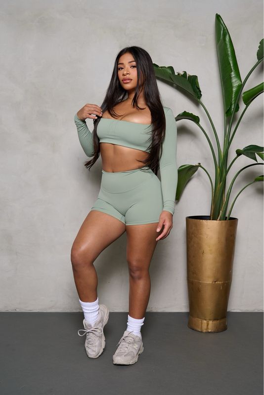 Matcha Long Sleeve Top &amp; Yoga Short Set