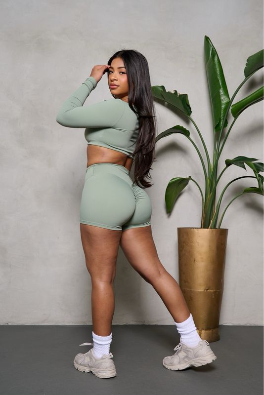 Matcha Long Sleeve Top &amp; Yoga Short Set