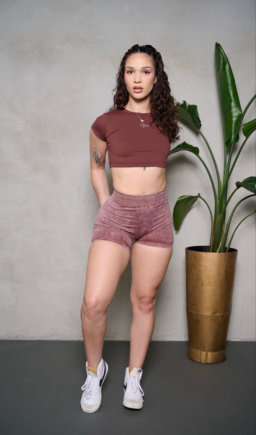 Brown Acid Wash V-Back Scrunch Butt Shorts