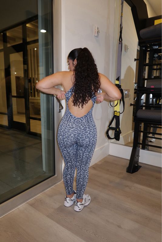 Navy Leopard Open-Back Sculpt Jumpsuit
