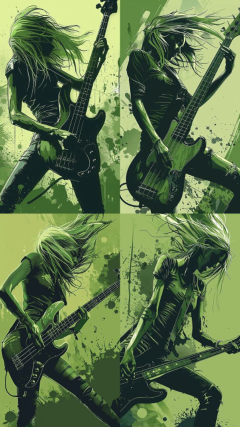 Female Bass Player in Green Selection 2