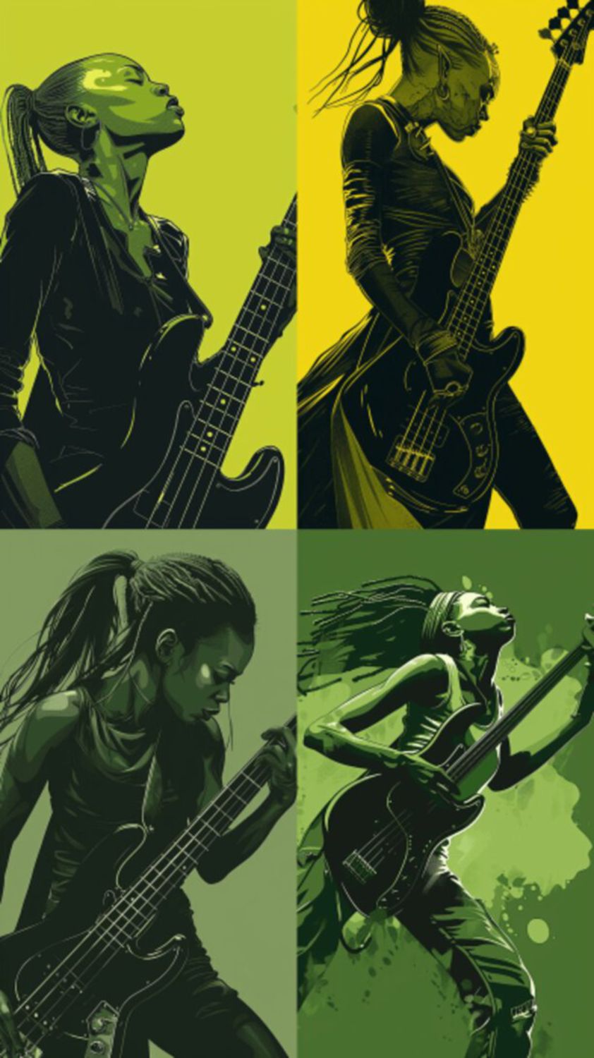 Female Bass Player in Green Selection 1