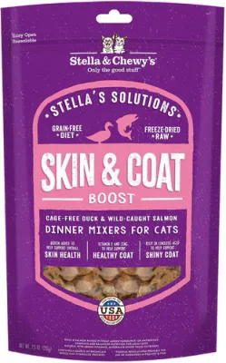 Stella &amp; Chewy&#39;s Solutions Skin &amp; Coat Boost Cage Free Duck &amp; Wild Caught Salmon Cat Food Dinner Mixers