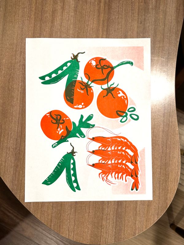Veggies and Shrimp Risograph Print 8x10