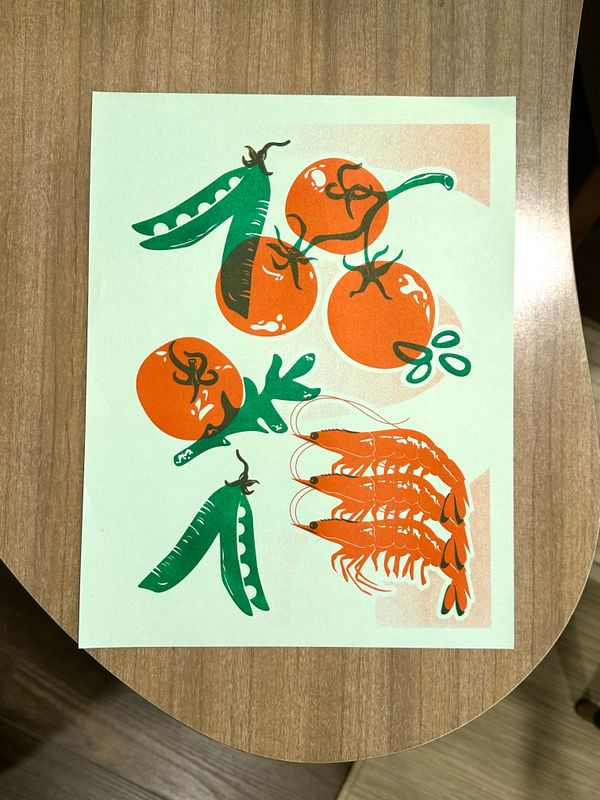 Veggies and Shrimp Risograph Print 8x10