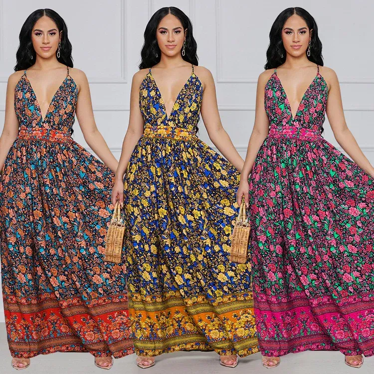Fashion Sexy V-Neck Sling Floral Dress