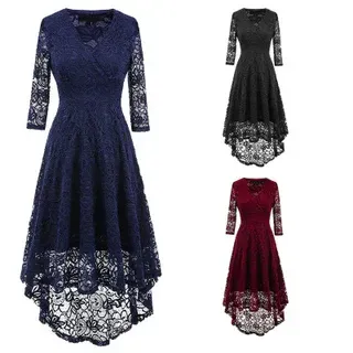 New Fashion Women Sexy V Neck Solid Dress Slim Waist Wrist Lace Front Short Back Long
