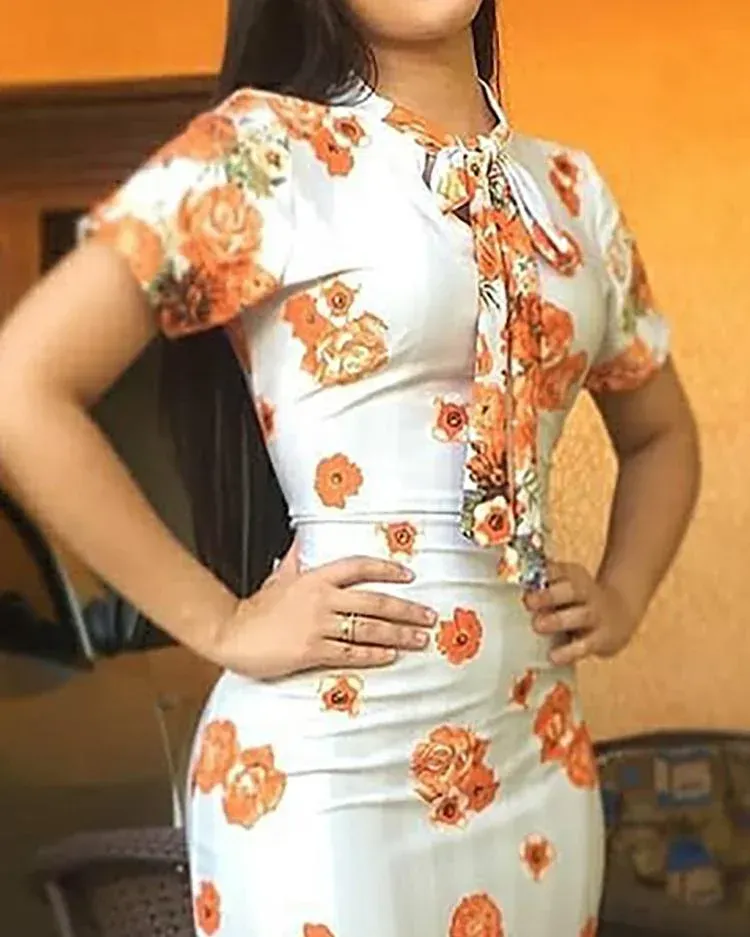 Floral Print Tied Neck Fishtail Bodycon Dress