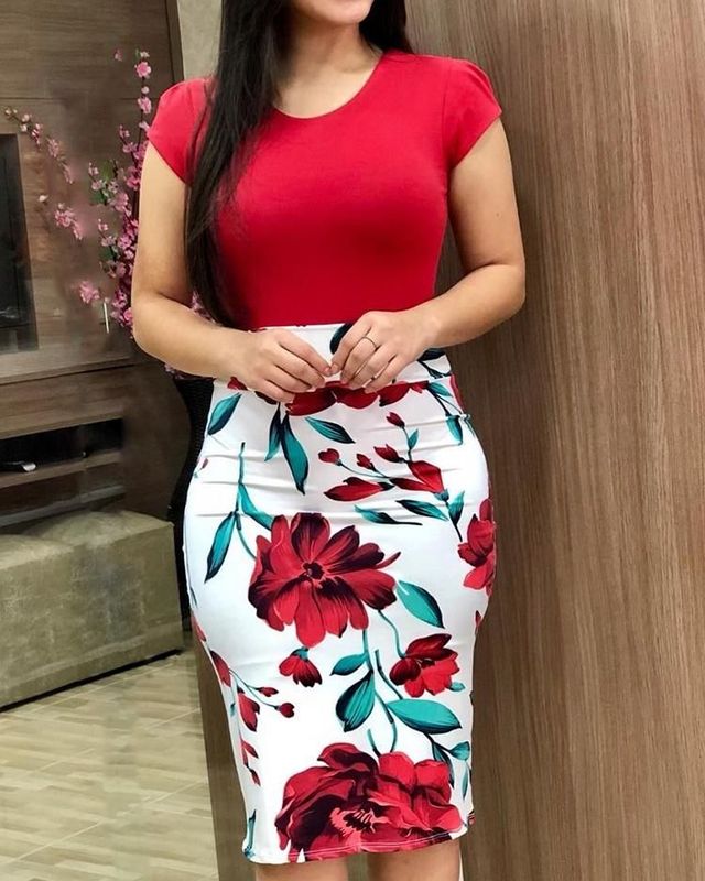 Short Sleeve Floral Print Bodycon Dress