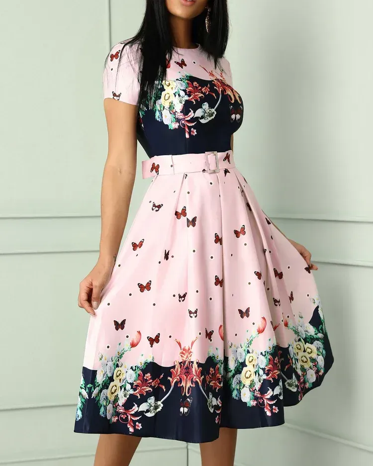 Butterfly Print Short Sleeve Belted Pleated Dress