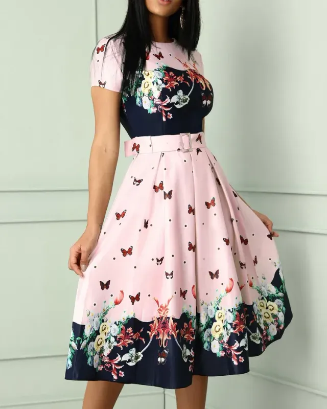 Butterfly Print Short Sleeve Belted Pleated Dress