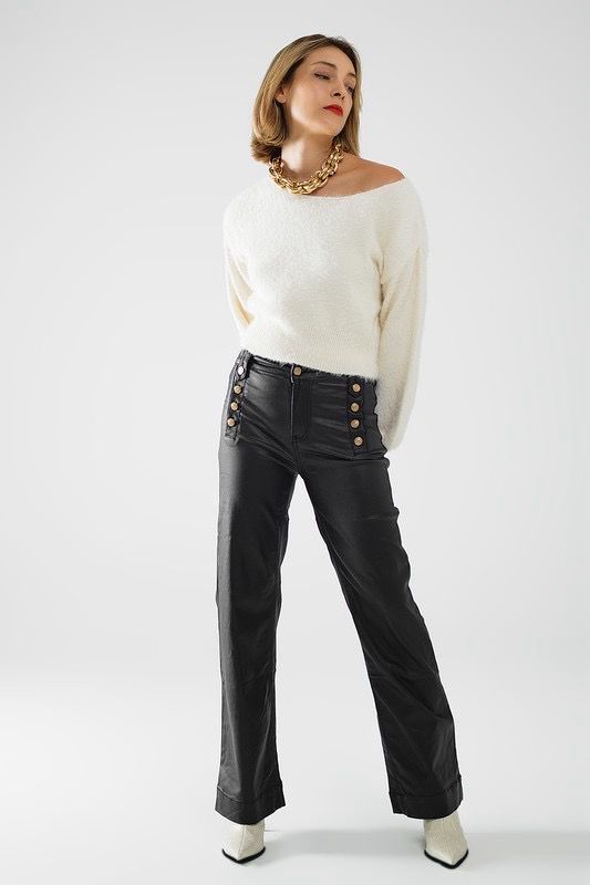 Black Faux Leather With Gold Buttons Pants