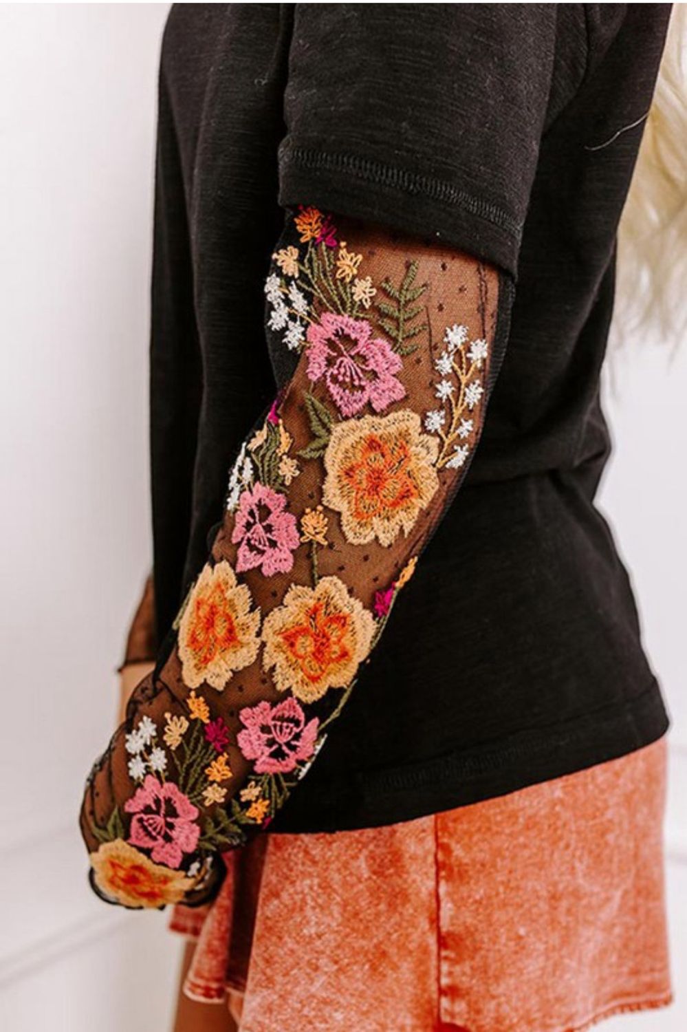 Black Mesh Embroidered Sleeve Top
