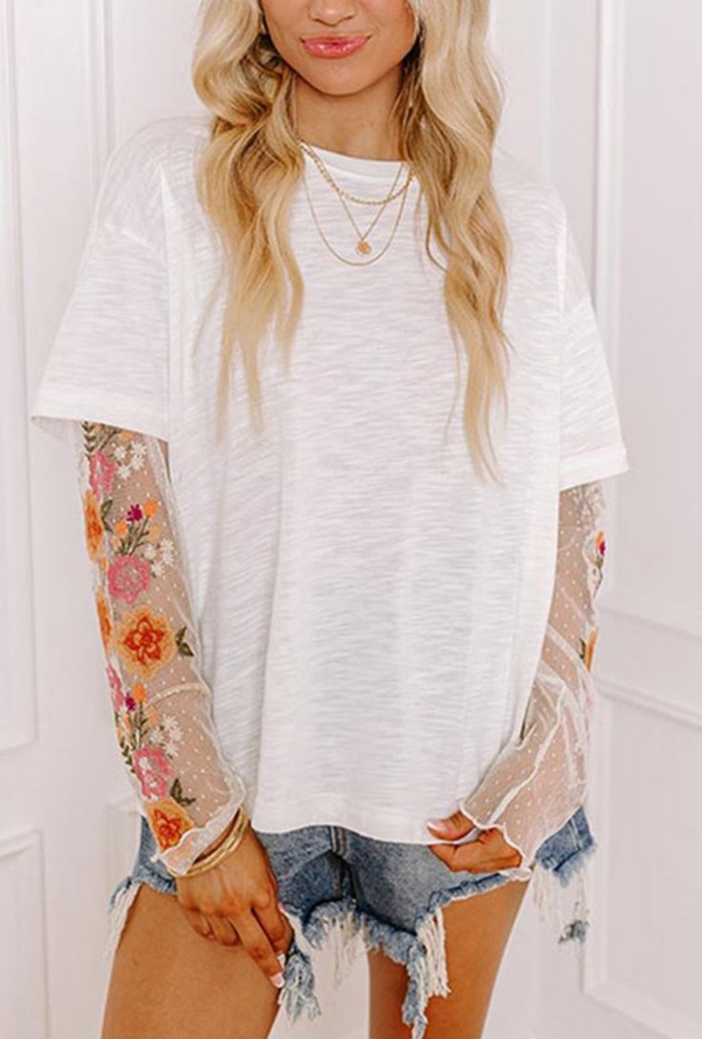 White Mesh Embroidered Sleeve Top