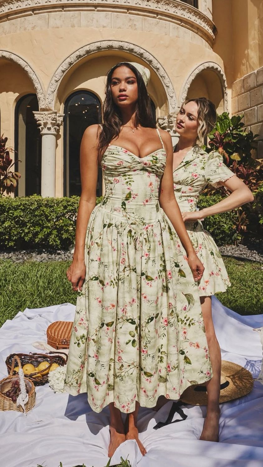 Jacinda Green Floral Print Linen Midi Dress