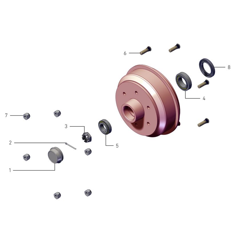 Brake Drums 230 SN - 1800kg Axle, Complete Brake Drum: Drum 5/114 + Studs &amp; Nuts