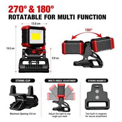 FocusOutdoor® Rechargeable LED Work Light Clamp &amp; Magnet