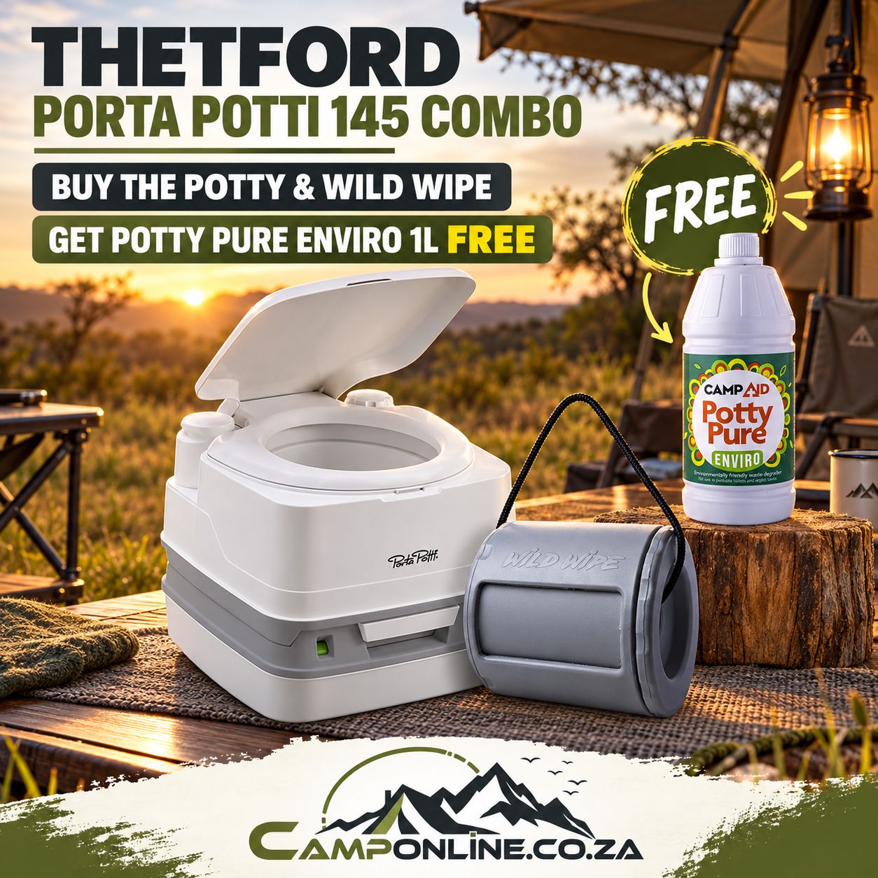Thetford Porta Potti 145 &amp; Wild Wipe Combo – Free Potty Pure Enviro 1L