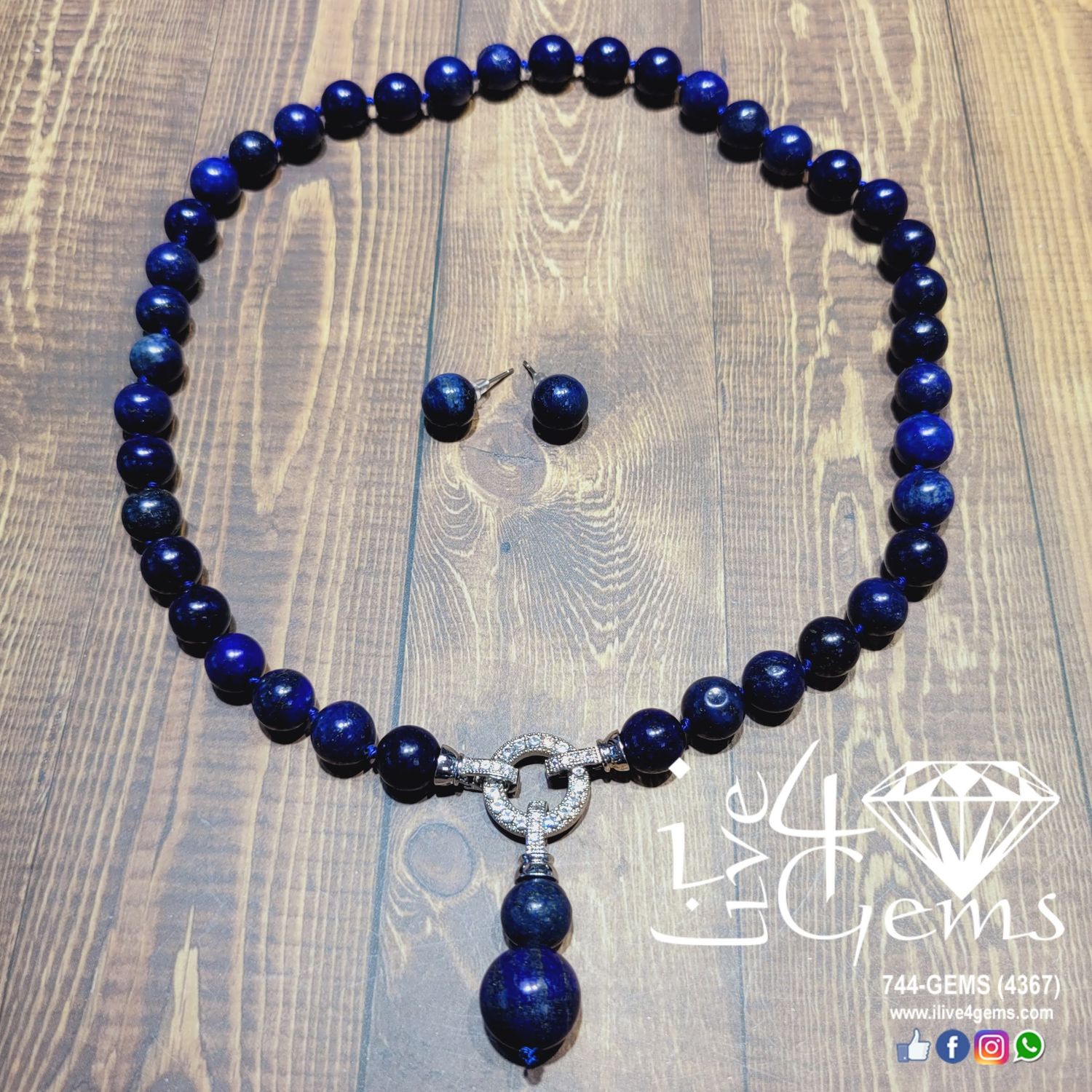 Detachable Pendant Necklace and Stud, Gemstone: Lapis Lazuli