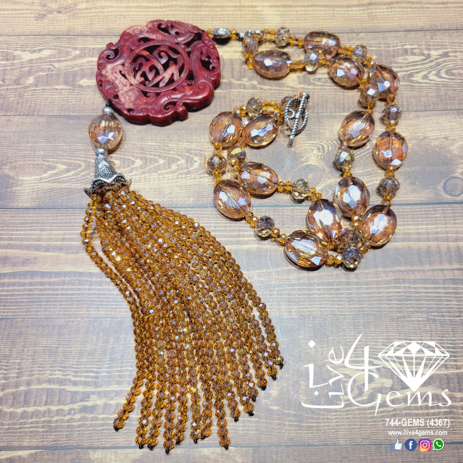 Antique Carved Jade Tassel , Color: Champagne