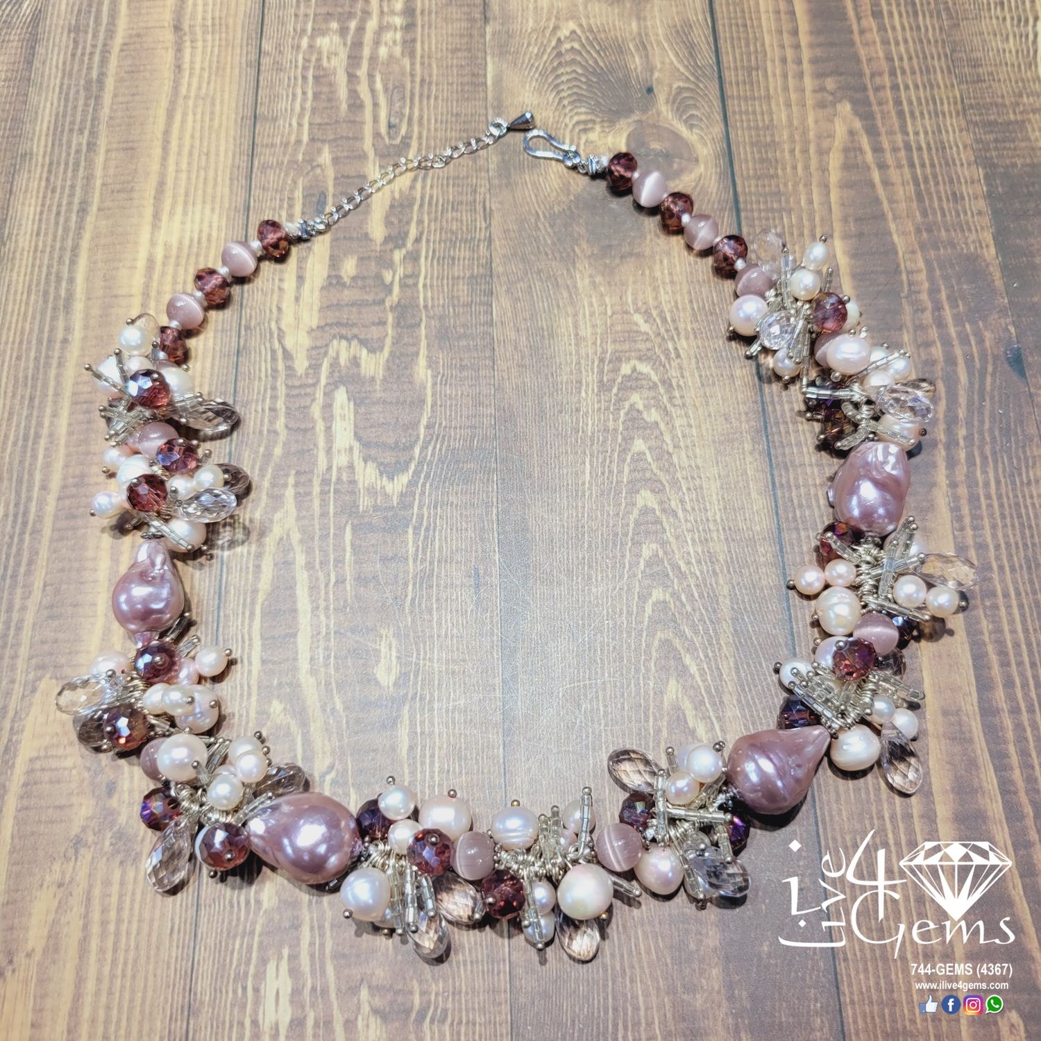 Pink Baroque Pearl, Rice Pearls, Crystals Necklace and Earring Set