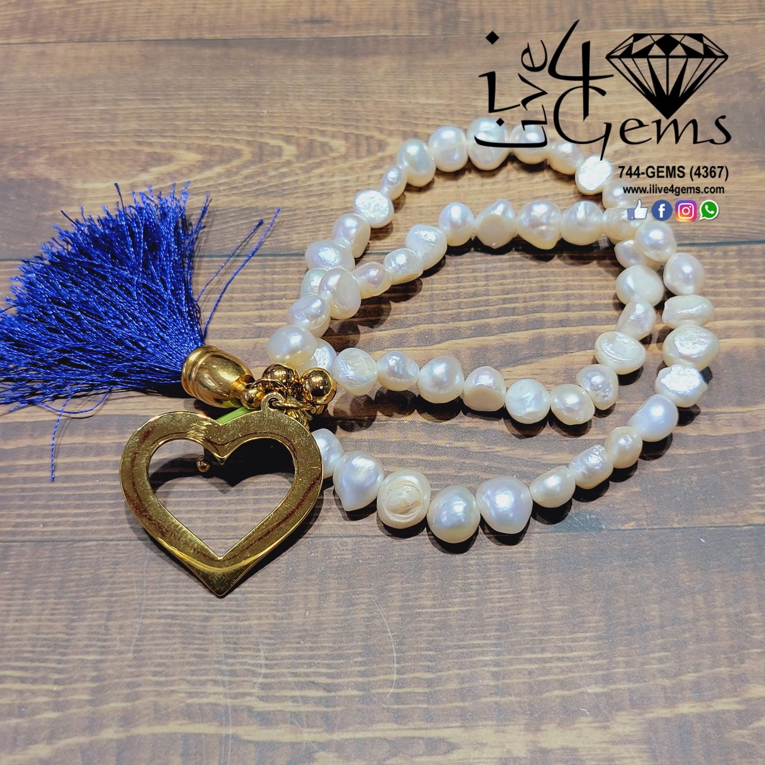 Pearl Double Strand w Stainless Heart and Tassel Green Bamboo