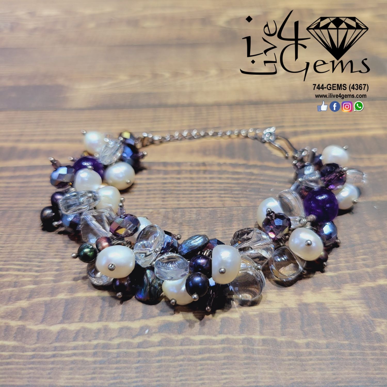 Cluster Pearl and Crystal Bracelet, Color: Amethyst