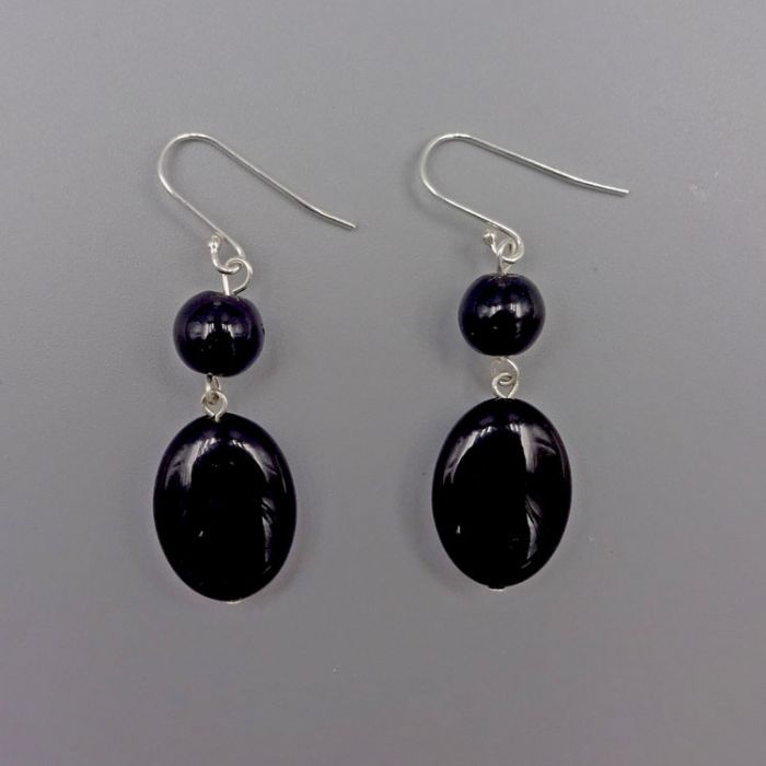 Genuine Oval Onyx Hanging Silver Earring, Gemstone: Onyx