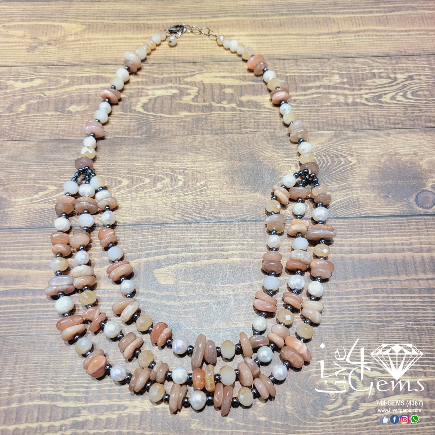 Triple Sun Stone, Pearl,Hermatite,17.50L 1.5&quot; extender