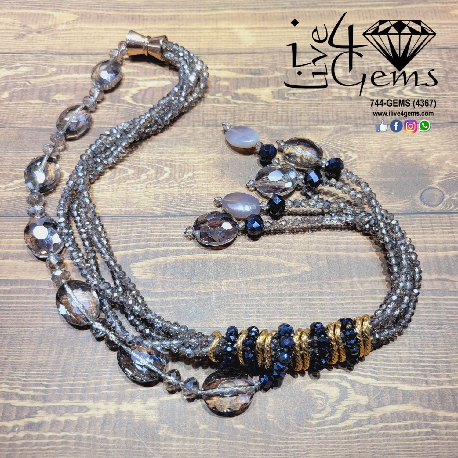 Multi Y Crystal Oval/Rondelle 30&quot; , Gemstone: Black Agate
