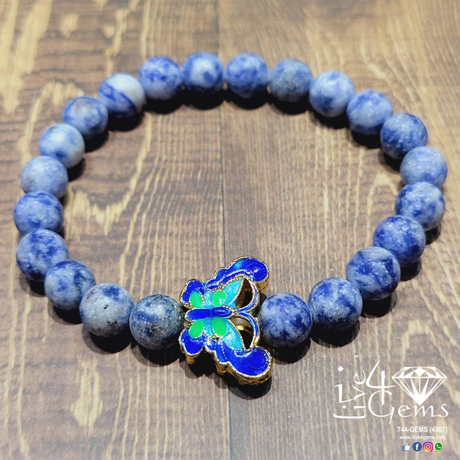 Matte Sodalite 8mm Bracelet with Butterfly Cloisonne Charm