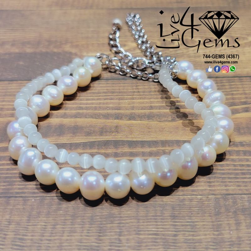 Pearl /White Cat Eye Gem and Silver Triple Strand Bracelet