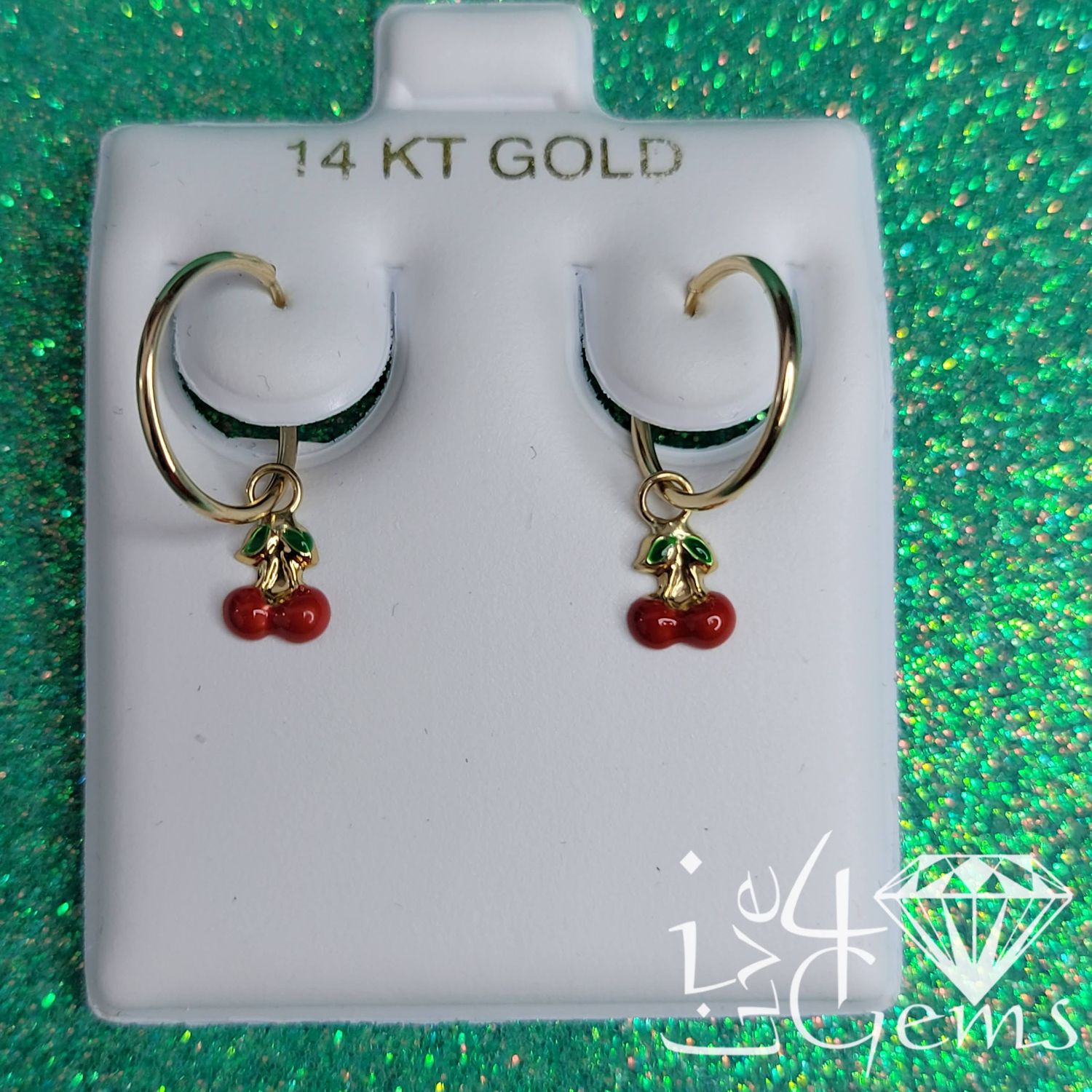 14kt Cherry Charm Hanging Hoop