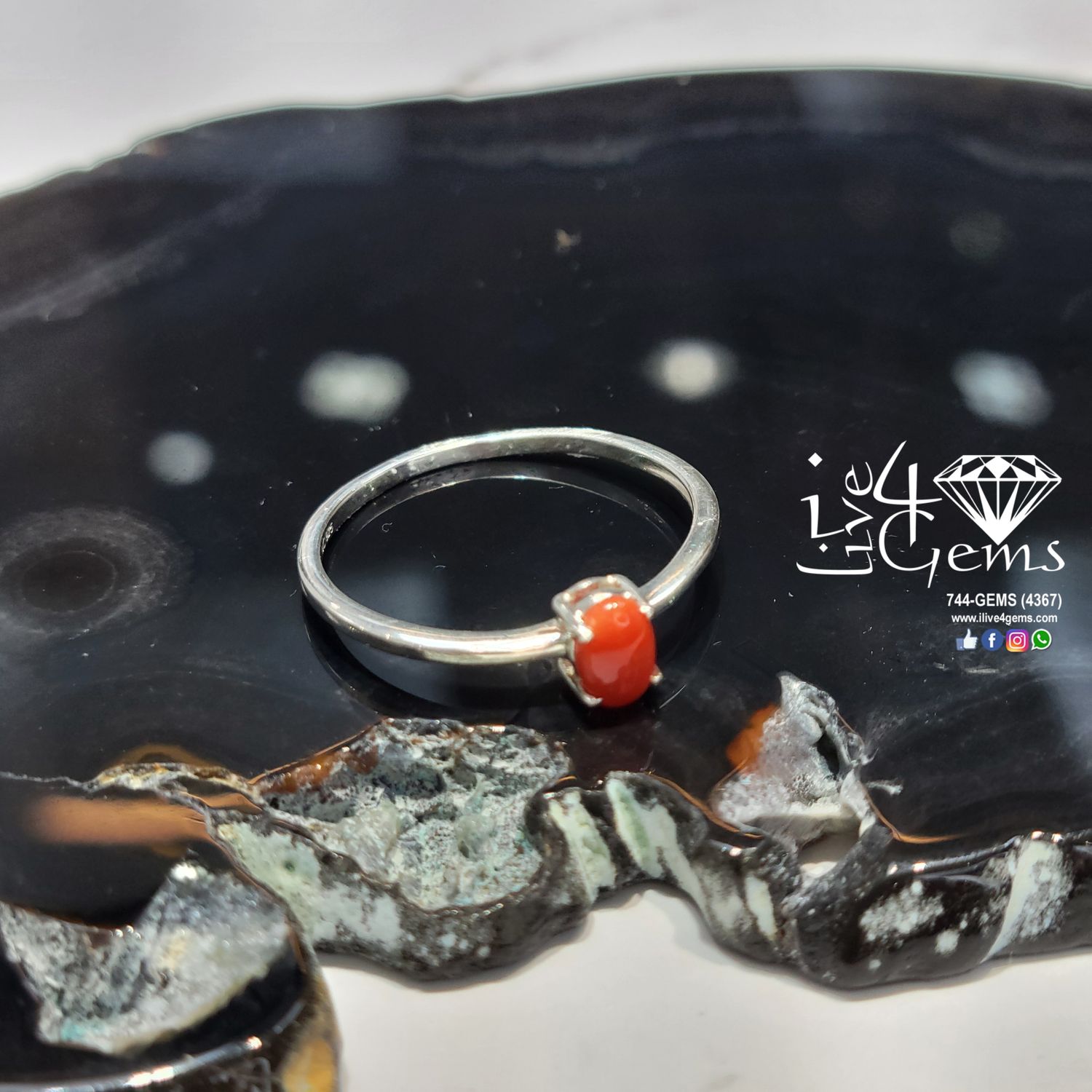 Sterling Silver Red Coral Stackable Ring