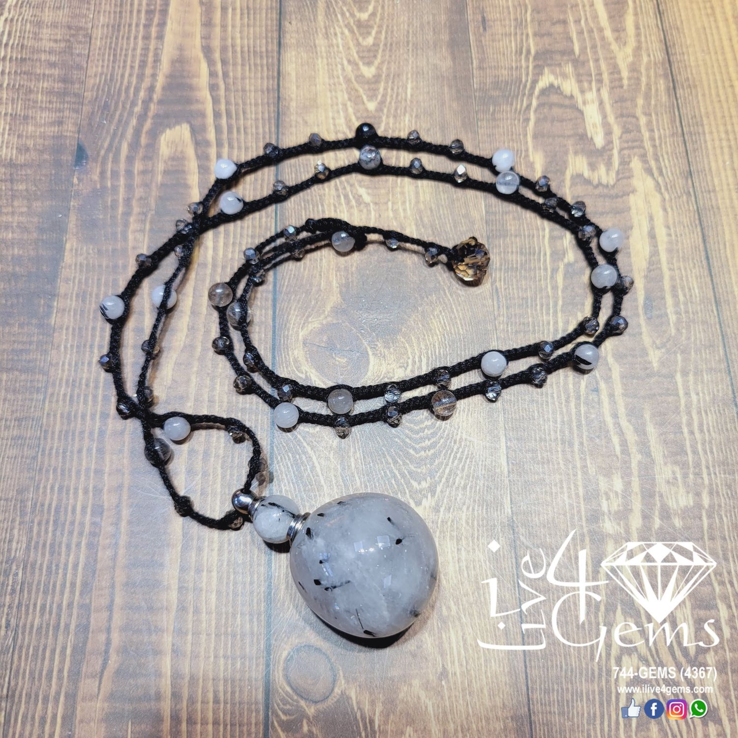 Black Rutilated Quartz Perfume Bottle Pendant Necklace 30&quot;L
