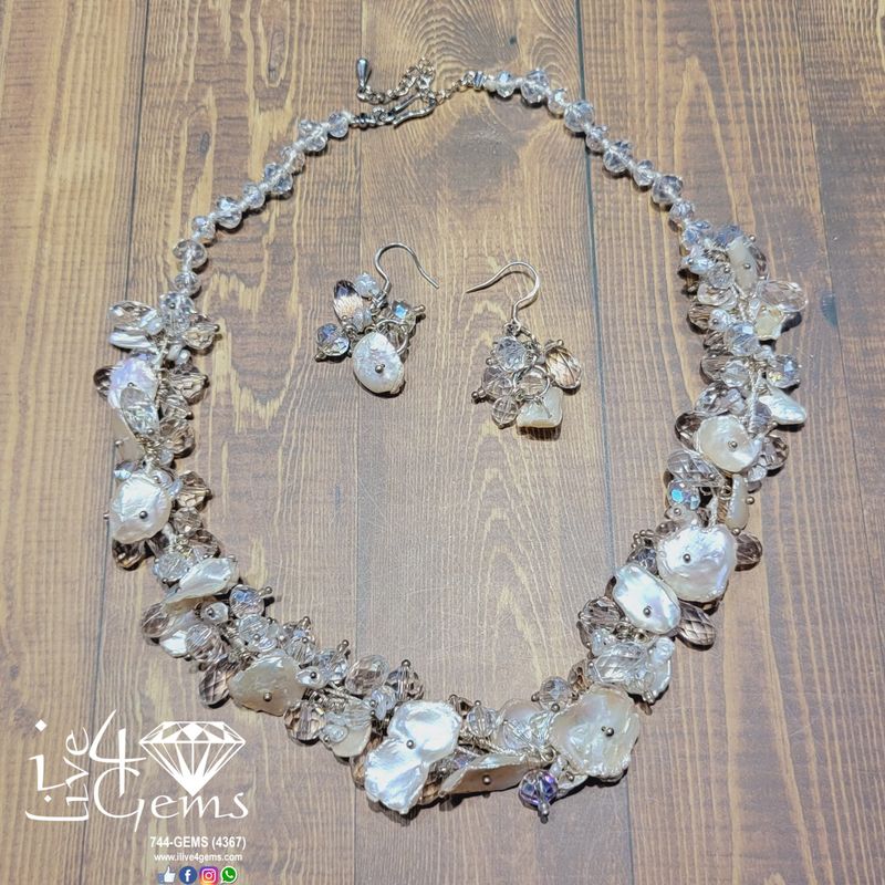 White Keshi Pearl w Crystal Necklace/Earring Set