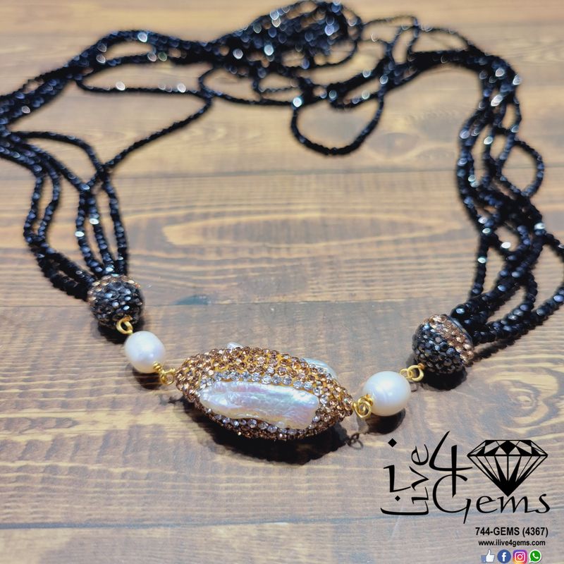 Druzy Biwa Pearl Jet Petite Crystal Mutli Strand  33&quot;