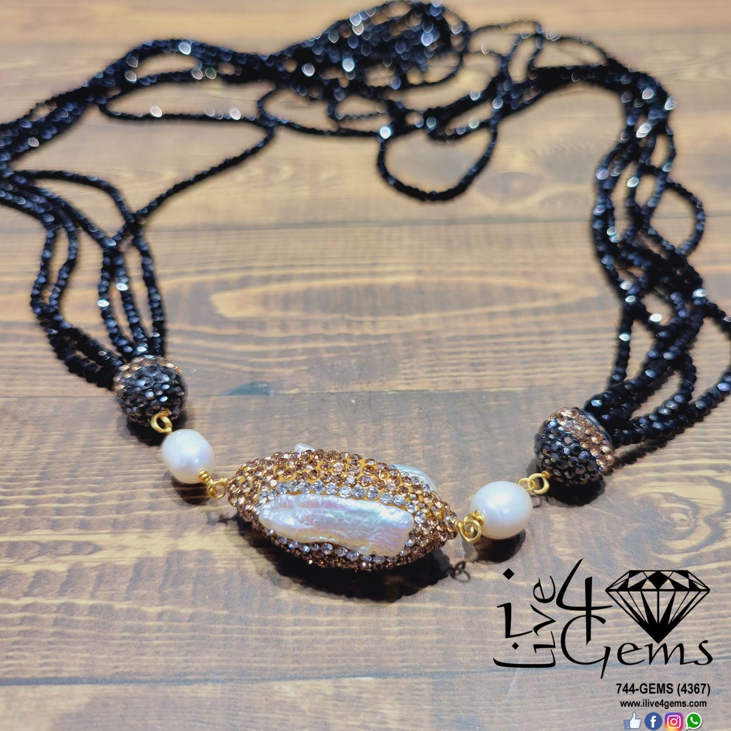 Druzy Biwa Pearl Jet Petite Crystal Mutli Strand  33&quot;