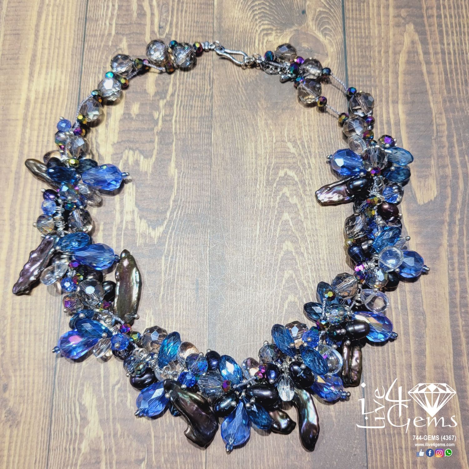 Dark Blue Keshi Pearl with Crystal Necklace/Earring Set