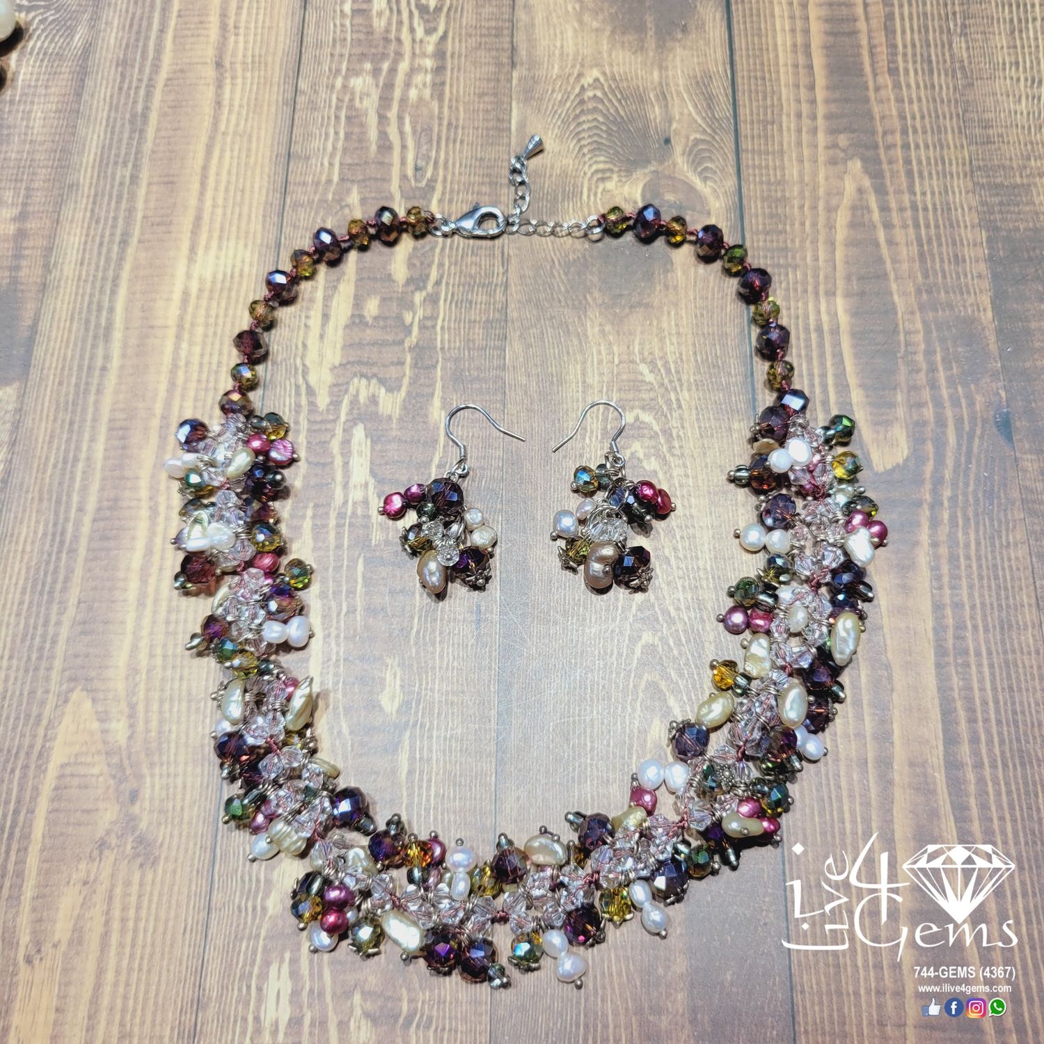 Purple Pearl with Crystal Necklace and Set